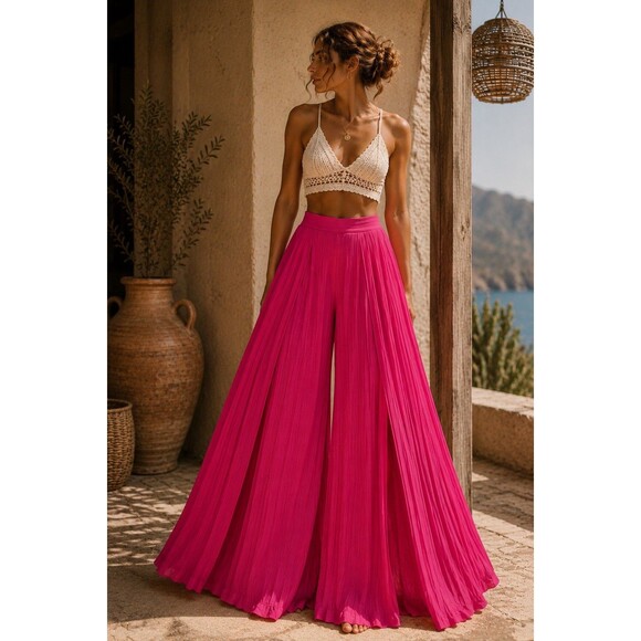 Unbranded Pants - Women’s Hot Pink Pleated Wide Leg Wrap Palazzo Pants Boho Resort L